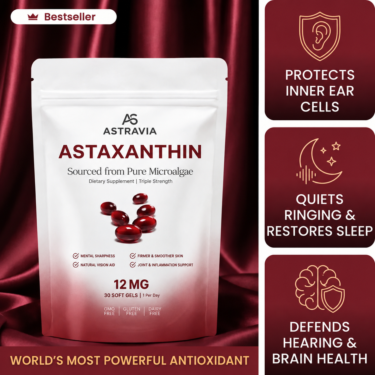 Astravia Astaxanthin 12 mg Softgels – Reduced Ringing, Better Sleep & Total Inner-Ear Cell Defence